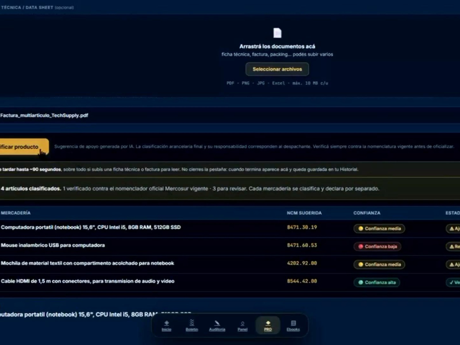 Pantalla del clasificador procesando los ítems de la factura